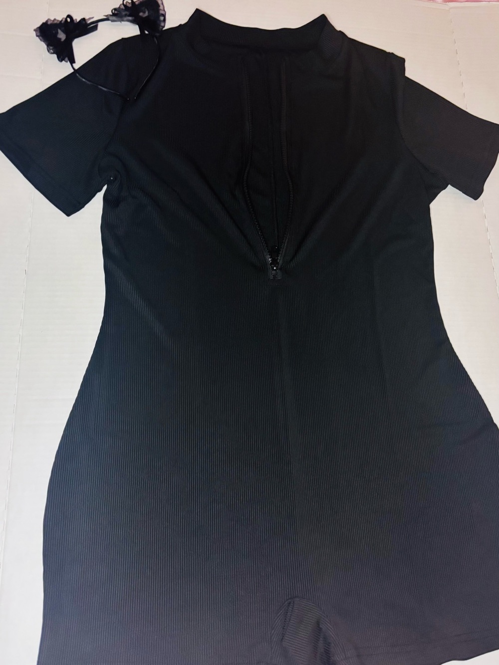 Sexy Halloween kitty cat Black Ribbed Zipper Front Romper w/ matching ears set